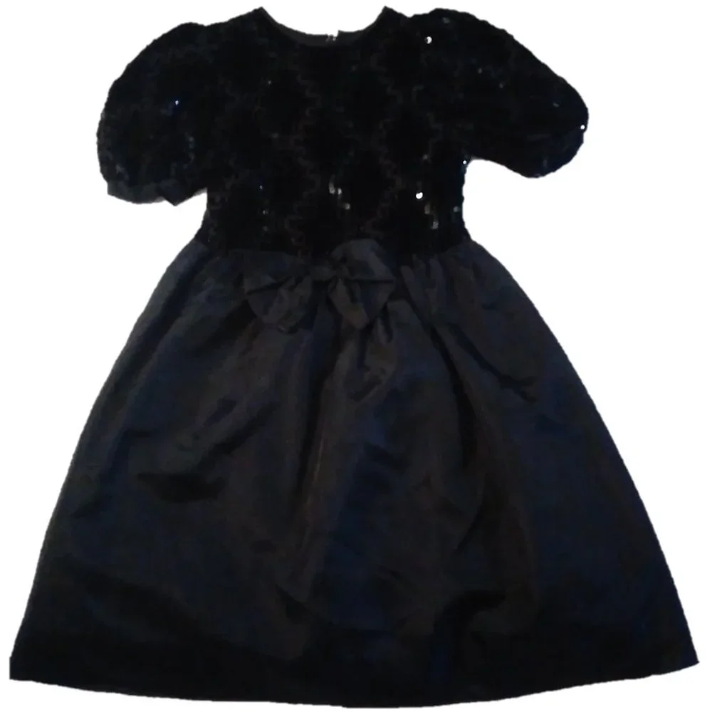 SYLVIA WHYTE Girls 7 BLACK SPARKLE SEQUIN DRESS holidays Christmas Halloween wed - Picture 1 of 15